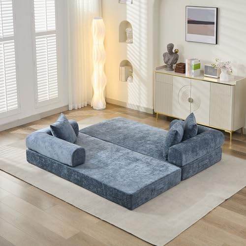 Convertible Folding Sofa Bed Modular Floor Couch, 78.8‘’ Cloud Sleeper Sofa with Removable Backrest, Chenille Foldable Mattress Couch, Lazy Loveseat for Small Space, Apartment, Bedroom, Blue - color: #3-blue