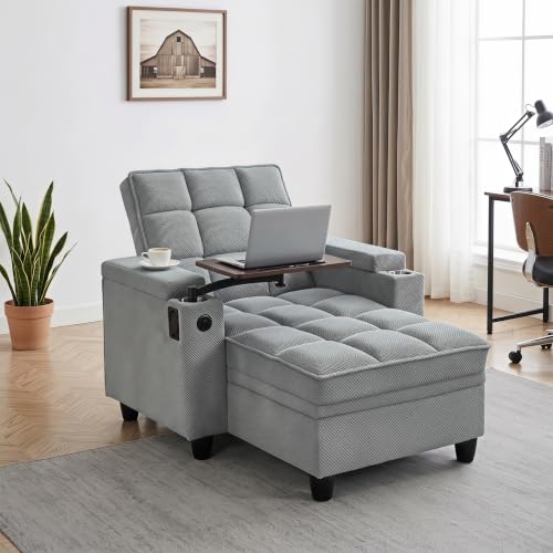 Convertible Sleeper Chair, Pull Out Sofa Bed with Adjustable Backrest & Hidden Storage Armrest, Single Sofa Recliner with USB Charging Port & Cup Holders for Living Room, Bedroom, Gray - color: C-gray-w6