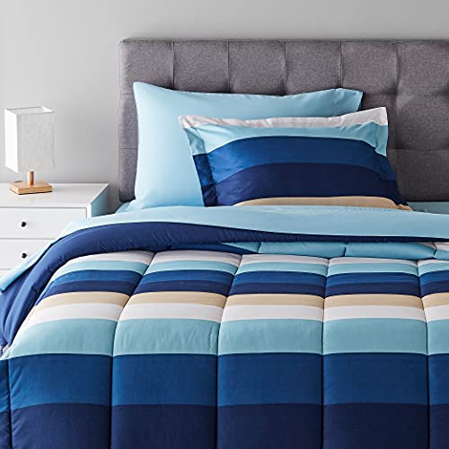 Amazon Basics 5-Piece Lightweight Microfiber Comforter Bedding Set with Sheet, Twin XL, Blue Stripe, Bed-in-a-Bag - color: Blue Stripe, size: Twin/Twin XL, style: 1-Pack