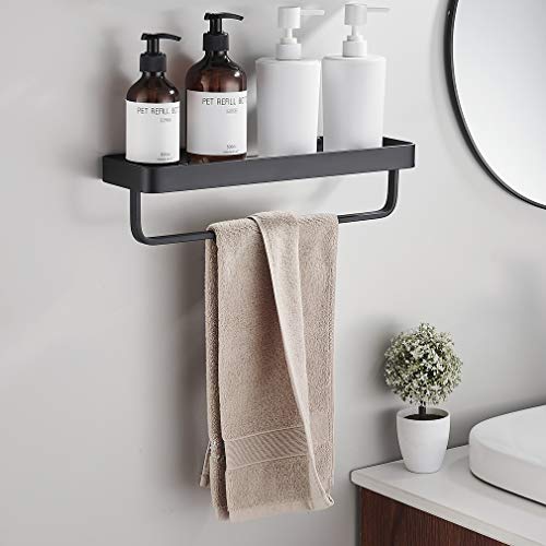 15.7 Inch Bathroom Tempered Glass Shelf with Towel Bar,Wall Mounted Aluminum Shower Organizer,Over Toilet Storage Cabinet,Matte Black,Kitchen Rectangular Vanity Rack - color: Matte Black