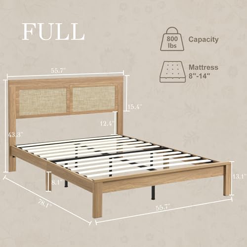 Full Bed Frame with Headboard Wood, Rattan Boho Bedframe with Wooden Slats Surpport, Easy Assembly Platform Bed, No Box Spring Needed, Natrual Walnut - size: Full