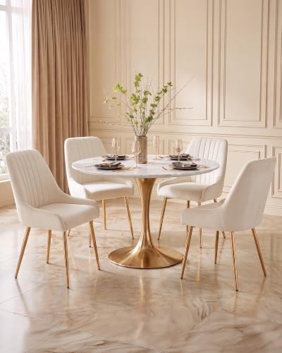 White Velvet Dining Chairs Set of 6, Modern Kitchen and Vanity Chairs | Modern upholstered vanity chairs with gold metal legs, stain-resistant hand-quilted fabric, high-density foam cushion seat - color: White, size: Set of 6