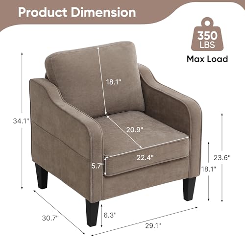 Accent Chair for Living Room, Mid Century Modern Reading Chair for Bedroom, Upholstered Armchair with Side Pockets, Comfy Single Sofa Side Chair for Office, Apartment, Small Room, Brown - color: Brown, size: Set of 1