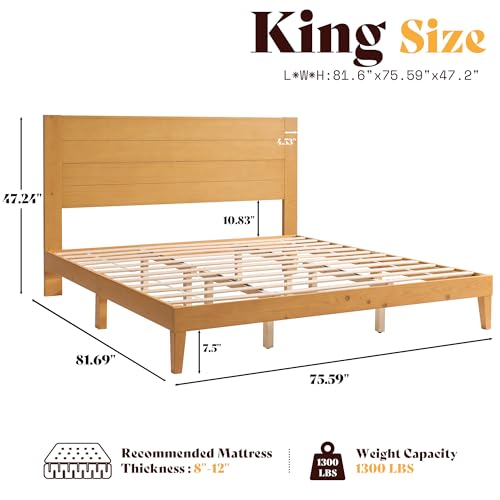 AMERLIFE King Size Solid Wood Bed Frame with 48" Headboard Design, Natural | 48" Headboard, Solid Wood Platform, Silent Slat Support System, Under Bed Storage, Natural Finish - color: Natural, size: King