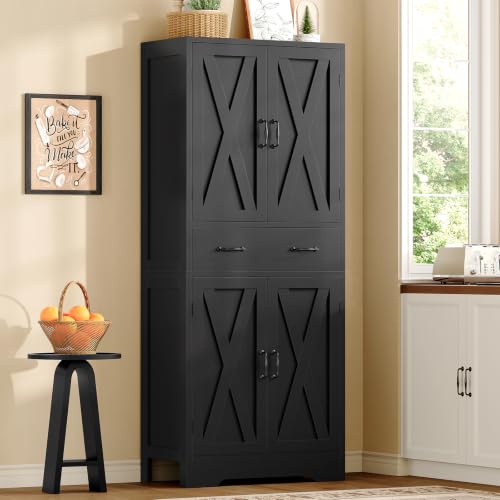 Tall Storage Cabinet with 2 Adjustable Shelves & 1 Large Drawer, Kitchen Pantry Cabinet with 4 Doors, Bathroom Storage Cabinets, for Living Room, Kitchen, Bathroom, Black - color: Black,1 Drawer