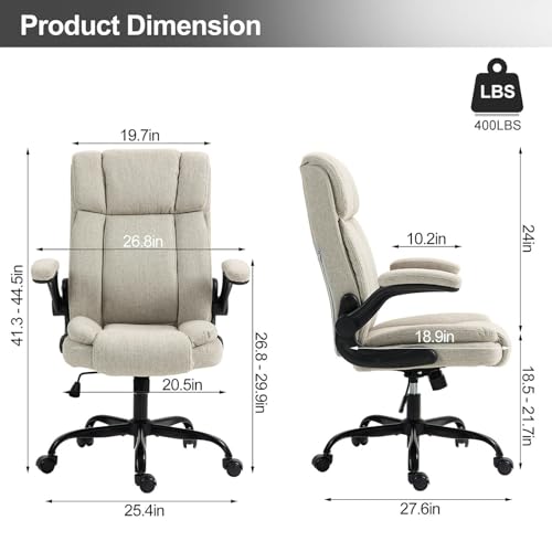 Fabric Office Chair High Back Executive Ergonomic Chair Flip Arms | Premium cloth fabric office chair with high back ergonomic support, flip-up arms, adjustable height, 90°-120° tilt function - color: Beige