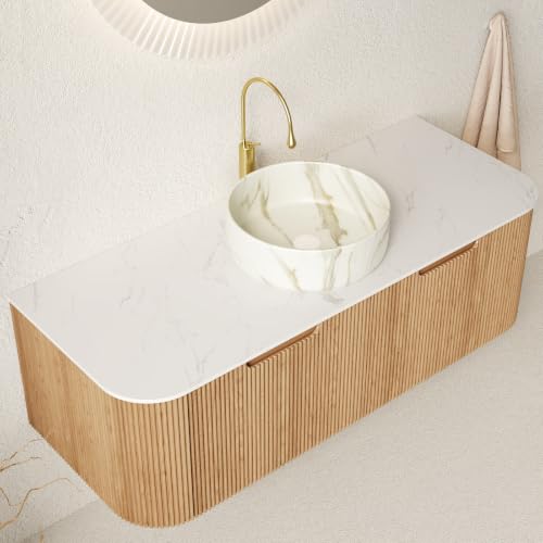 48" Floating Bathroom Vanity with Sink, Wall Mounted Plywood Cabinet, Natural Wood Grain Fluted Front, Sintered Stone Countertop, White Marble-Look Ceramic Vessel Sink, Soft-Close Drawer - color: Natural Oak Cabinet / White Marble Sink, size: 48 Inch