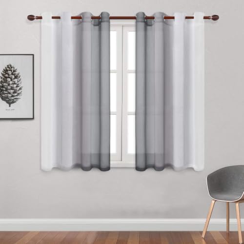 DWCN Grey Ombre Short Sheer Curtains - Faux Linen Semi Voile Gradient Light-Filtering Bedroom and Living Room Curtains, Set of 2 Grommet Top Window Drape Panels, 52 x 45 Inch Length - color: Grey, size: 52"W x 45"L (Pack of 2)