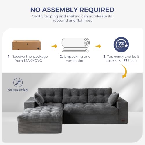 MAXYOYO Boneless Couch, 96-Inch L-Shaped Cloud Couch with Ottoman | Dark Grey Layered Cushion and Flexible Modules Create an Upholstered Sofa in a Box, No Assembly for Spacious Living Rooms. - color: Dark Grey, size: 96" L Shape