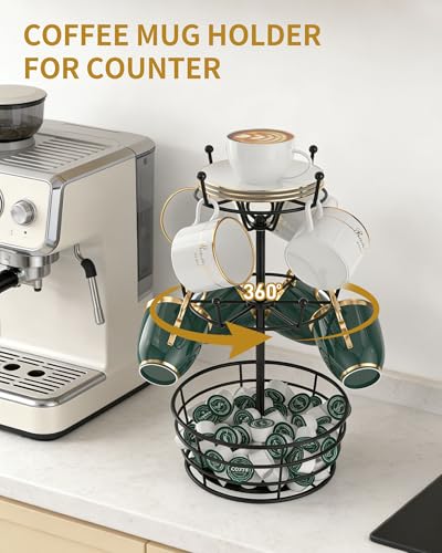 360° Rotating Coffee Cup Holder Tree | 3-Tier Metal Mug Rack with 10 Hooks, Coffee Bar Organizer Decor for Kitchen Countertop