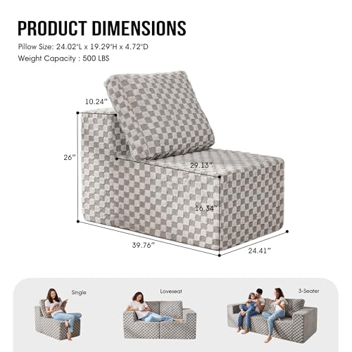 Hobestluk 1 Seat Large Sofa with L Shape Memory Foam Cloud Couch Sofa | PLUSH GREY,Single,Cozy Fabric,No Assembly,Cloud Chair,With Pillows,For Livingroom Bedroom,Free Combination - color: Light Grey, size: Single
