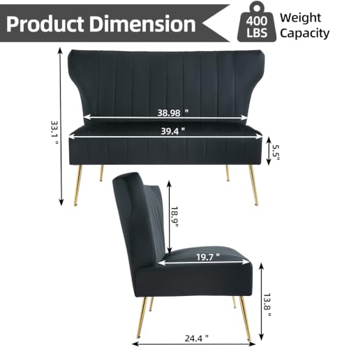ZJhome 40’’ Armless Loveseat Sofa, Comfy Upholstered Velet Small Couch Sofa with Gold Legs, 2 Seater Tufted Modern Couch for Living Room, Bedroom, Apartment Small Space (Black) - color: Black, size: 50'' stripe