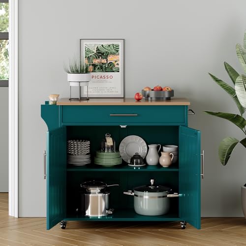 Kitchen Storage Island, Wooden Rolling Island On Wheels with Wood Top, Mobile Kitchen Island Cart with Towel Rack, Spice Rack and Drawers, Green - color: Green