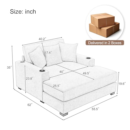 JIVOIT Modern Indoor 55" Oversized Chaise Lounger, Chenille Fabric Sofa Couch with Pillows, Armrest Cup Holders, Removable Washable Covers, Reclining Sleeper Chair for Living Room,Office (Cream,55") - color: Cream,55"