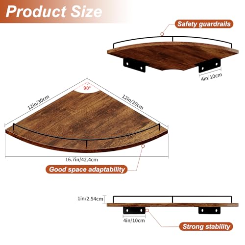 JJL Corner Shelf Wall Mounted, 12 Inches 2-Tier Floating Corner Shelf, Fan-Shaped Rustic Wood Decor with Fence, Brown Storage Organizer for Apartment Bedroom Kitchen Bathroom - color: Rustic Brn, size: Fan 2-Tier