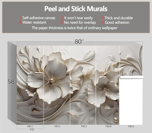 XMPMBM-Peel and Stick 3D Embossed Flowers Wallpaper Beige Floral wall Mural | Thick and tear-resistant,Will not be damaged during repositioning,Living Room Bathroom,Bedroom wallpaper.S-80"X58" - color: M11, size: 80"x58"