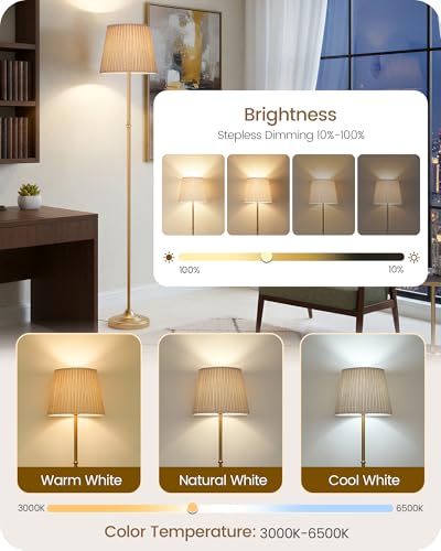 Dimmable Floor Lamp for Living Room, 68" Tall Standing Lamp, Reading Light with Remote & Foot Pedal, 10W LED Bulb (3000K-6500K) Included, FCC Listed, Reinforced Base, Gold and Beige DE12LD05 - color: Gold + Beige