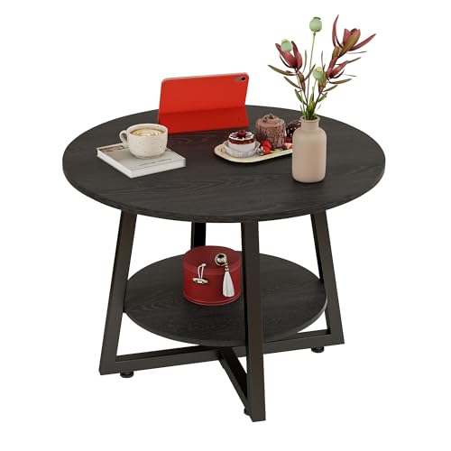 Round Coffee Table with Storage,Metal Small Coffee Table,Black | 2-Tier Circle Small Coffee Table for Living Room, Metal Frame/Wood Look,Modern Sofa Table Center for Home Office - color: Black