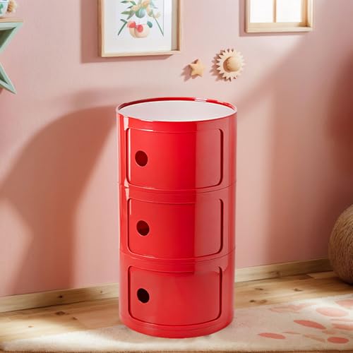 3 Tier Round Nightstand with Drawer, Red Round Side Table Small Plastic Storage End Table for Bedroom, Living Room, Bathroom - color: Red