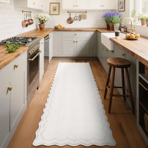 GarveeHome 2.5x10 Scalloped Washable Runner Rug Long Hallway Kitchen Rug | Soft Beige Hall Runner Non Slip Entryway Rug Farmhouse Thin Laundry Mat Stain Resistant Carpet for Bathroom Beside Rug - color: Beige, size: 2'6" x 10' (Rectangular)