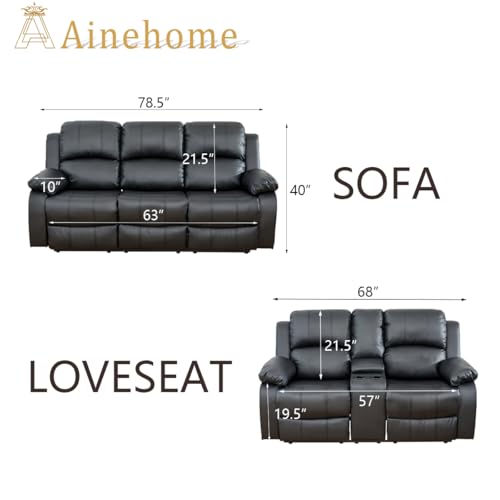 A Ainehome Living Room Furniture Set Leather Recliner Sofa Set Loveseat Chair Furniture Sofa Set for Living Room/Small Space/Rv/House/Office/Theater Seating (A-Black Leather, Sofa+Loveseat) - color: Black Leather, size: Sofa+Loveseat