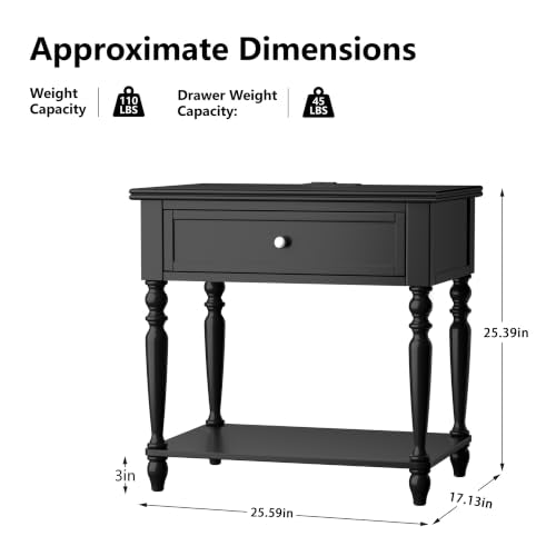 Solid Wood Nightstand with Charging Station, Traditional End Table with Drawers and Open Shelf, Bedside Table with Storage, Modern Side Table for Bedroom, Black - color: Black