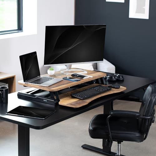 VIVO Reclaimed Wood 32 inch Desk Converter, DESK-V000KP | Height Adjustable, Stand Up Desk Riser, Wide Keyboard Tray, Dual Monitor and Laptop Workstation, Black Frame, K Series - color: Reclaimed Wood, size: 32"