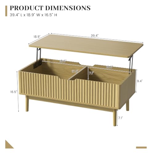 39” Fluted Lift Top Coffee Table with Storage, Oak | Mid Century Modern Coffee Table for Living Room, Home Office - color: Oak, size: 18.9"D x 39.4"W x 16.5"H