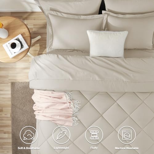 California King Size Comforter Set Beige - 7 Pieces Bed in a Bag | OEKO-TEX Certified, All Season, 240GSM Down-Alternative Comforter, Sheets, Pillowcases & Shams, 14" Deep Pocket, Easy Care - color: Beige, size: California King
