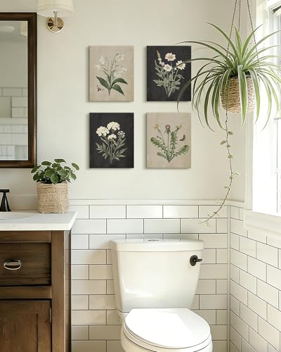 KUVIOKE Vintage Botanical Boho Framed Wall Art Set of 4 Piece Antique Flower Prints Farmhouse Retro Plants Rustic Artwork Bathroom Kitchen Home Decor Ready to Hang 8x10inx4pcs (Framed) - color: Vintage Botanical - Standard, size: 8 x 10in x 4 Panels