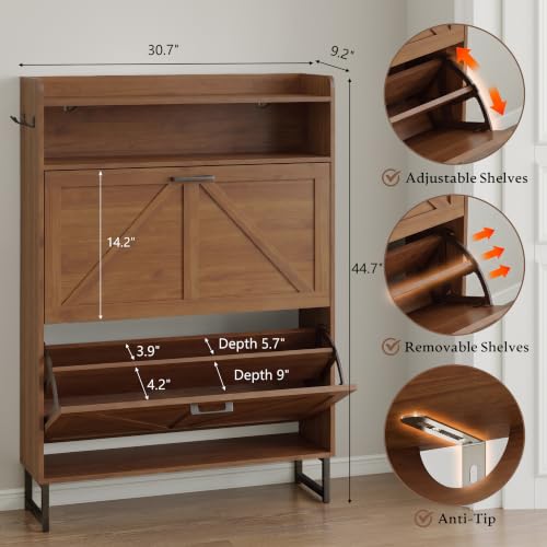 BORNOON Shoe Cabinet with 2 Flip Drawers Narrow Shoe Storage Cabinet Organizer Wooden Freestanding Rack Hidden Slim Storage for Entryway, Hallway, Living Room, Bedroom - color: Walnut, size: 2-Drawer