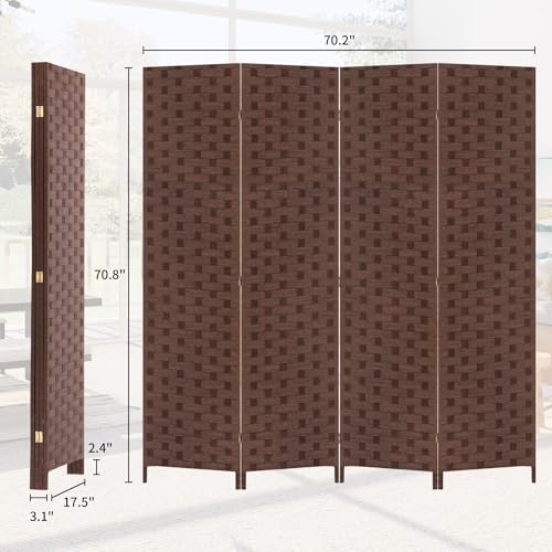 BLKMTY Room Divider, 6ft Folding Privacy Screens, Wall Divider Portable Room Seperating Freestanding Wood Screen, 4 Panels Hand-Woven Design Screen Double Hinged Dividers for Bedroom, Brown - color: Brown