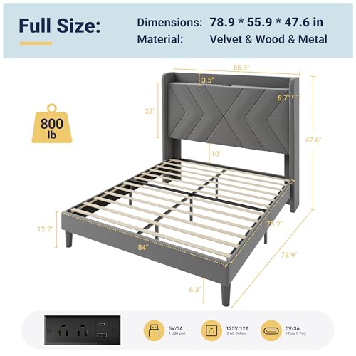 Allewie Full Size Platform Bed Frame with Charging Station and Storage Shelf/Upholstered Velvet Wingback Headboard/Wooden Slats Support/No Box Spring Needed/Easy Assembly, Grey - color: Grey, size: Full