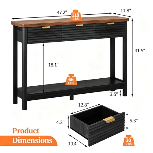 Fluted 47.2" Console Table with Outlets and USB C, Narrow Entryway Table with 3 Drawers, Modern Wood Sofa Table Behind Couch for Living Room, Black & Walnut - color: Entryway Table-black