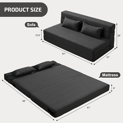 SUYOLS Convertible Folding Sofa Bed - Chair Bed Sleeper with Pillow, Modern Linen Fabric Fold Out & Futon Couch, Foldable Mattress for Living Room/Dorm/Guest Use/Home Office, Queen Size, Dark Gray - color: Dark Gray, size: Queen