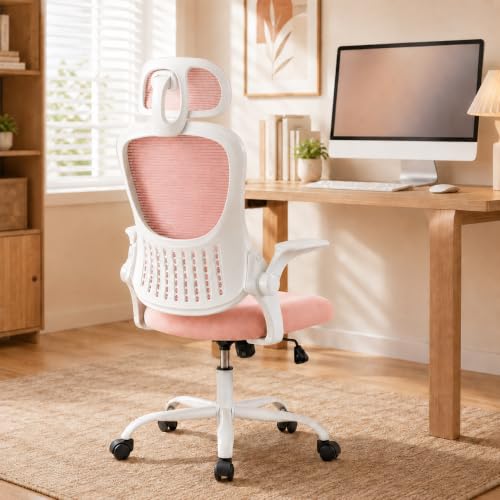Pink Ergonomic Office Chair, High Back Mesh Desk Chair with Adjustable Headrest Lumbar Support, Computer Chairs with Flip-up Armrests and Thickened Cushion for Adults Home Office, 360° Swivel - color: Pink With Headrest