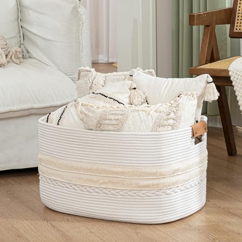 108L Large Basket for Living Room, Boho Decorative Basket Organizing with Handles, Cotton Rope Storage for Toys, Pillows, Clothes, 25’’*16’’*16’’ White - color: White, size: 108L