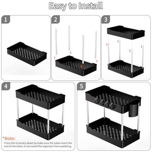 3 Pack Under Sink Organizer Bathroom and Storage Cabinet (Black) | 2 Tier with Hanging Cups for Kitchen - color: Black