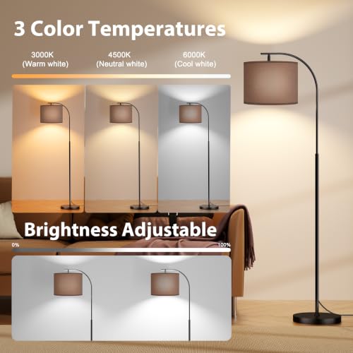 Floor Lamp with Linen Shade, Arc Dimmable Tall Standing Lamp with Remote Control, Modern Floor Reading Light for Living Room Bedroom Office Corner, 9W LED Bulb Included - color: Brown