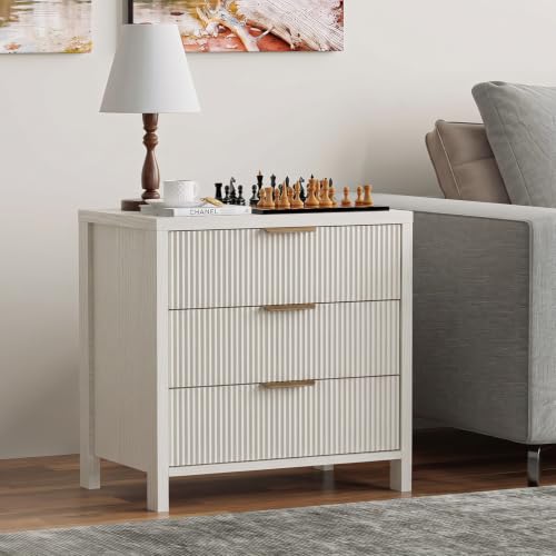Fluted Nightstand, 23.7'' Wide Night Stand with 3 Drawers, Mid-Century Modern Bedside Table with Handles, Wood End Table for Bedroom, White - color: White