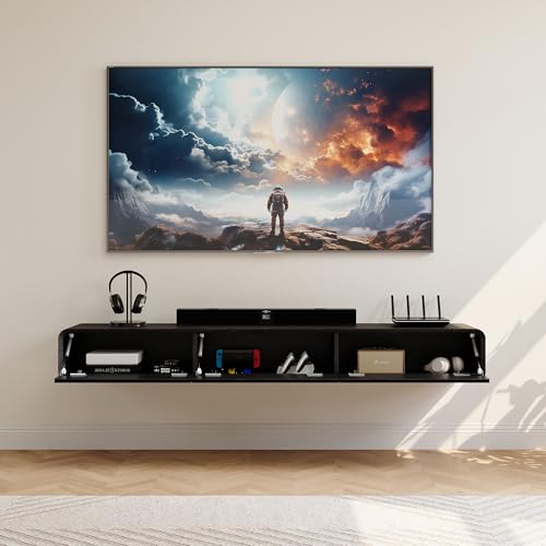 POVISON Fully-Assembled Minimalist Floating TV Stand, Modern Wall-Mounted Entertainment Center with 3 Flip-Down Cabinet Doors, Solid Wood, Black Oak, 78" - color: Black, size: 78.74"