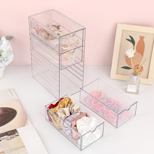 Hipiwe Plastic Drawer Organizer Clear Storage Box with 4 Pull Out Drawer | Drawers Box for Bathroom, Dresser, Cosmetic Hair Tie Container for Women - size: 4-Drawers, 6.8"Lx4.1"Wx9.8"H