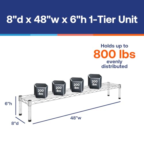 Shelving Inc. 8" d x 48" w Chrome Wire Shelving with 1 Tier Shelf | Weight Capacity 800lbs Per Shelf, Durable Kitchen and Garage Storage Shelves, Adjustable Shelf Organizer Storage Rack - size: 8" d x 48" w x 6" h