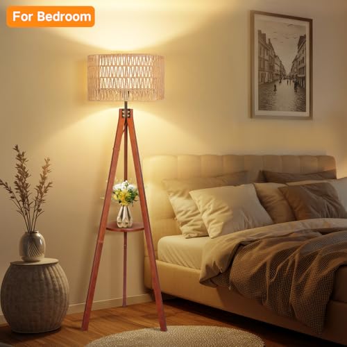 OUTON Boho Rattan Tripod Floor Lamp with Shelves, Remote Control, Dimmable Mid Century Modern Standing Lamp 58.5" for Bedroom, Living Room & Office, Lamp Shade Includes E26 9W Bulb, Walnut - color: Walnut & Rattan Shade