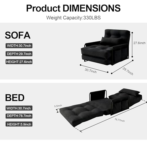 4-in-1 Folding Sofa Bed,Convertible Sofa Bed with Pillow Foldable Mattress and Back Support,Convertible Modular Sofa with Double Side Pockets for Living Room/Bedroom,Single(Black) - color: Black, size: Single