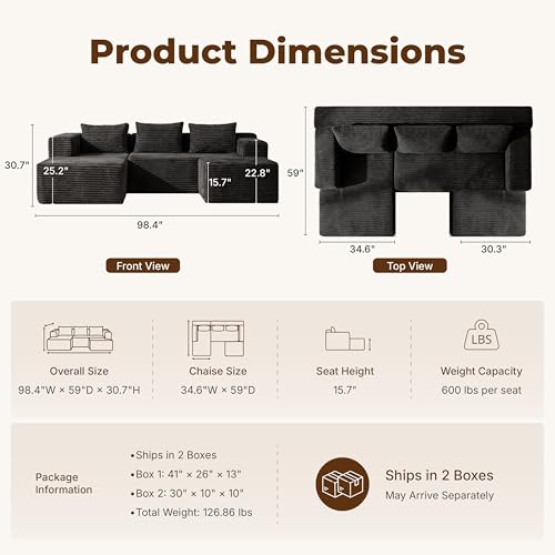 Modular Boneless U-Shaped Couches for Living Room with Side Pockets | Modern Sectional Boneless Corduroy Fluffy Couch Sofa with Deep Seat and Non-Slip Base, No Assembly, Black - color: Black, size: U-Shaped