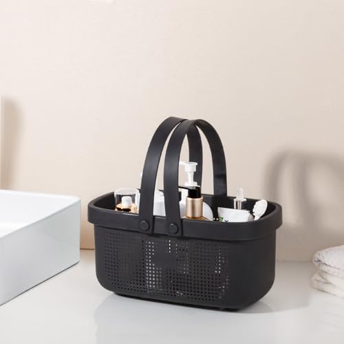 Portable Shower Caddy Basket with Handles Plastic Storage Basket Black | Sturdy Drainage Large Capacity Organizer Basket with Silicone Handles for Bathroom Kitchen Bedroom College Dorm Essentials - color: Black, size: Large