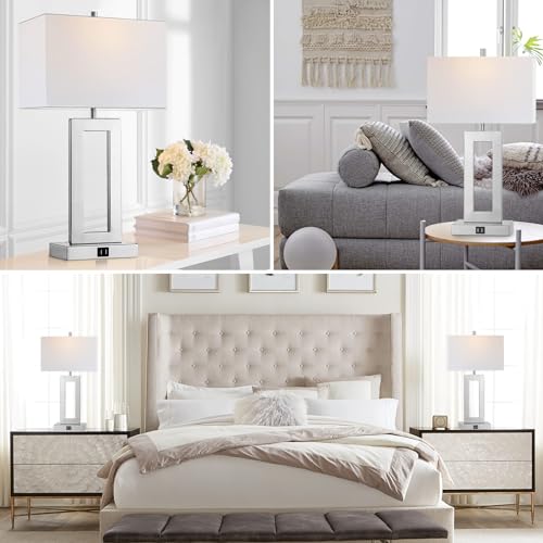 gernehop Silver Table Lamps Set of 2 with Dual USB Ports,3-Way Dimmable Touch Control Bedside Lamps,Modern Bedroom Table Lamp for Living Room,Nightstand LED Bulbs Included - color: 22Inch Silver