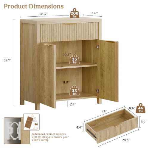 Fluted Buffet Cabinet for Kitchen, 28.3" Sideboard Cabinet Natural | Adjustable Shelves, Quiet Full-Extension Slides, Curved Metal Handle, Coffee Bar with Drawers for Dining Room, Entryway - color: Natural, size: 13.8"D x 28.3"W x 32.7"H