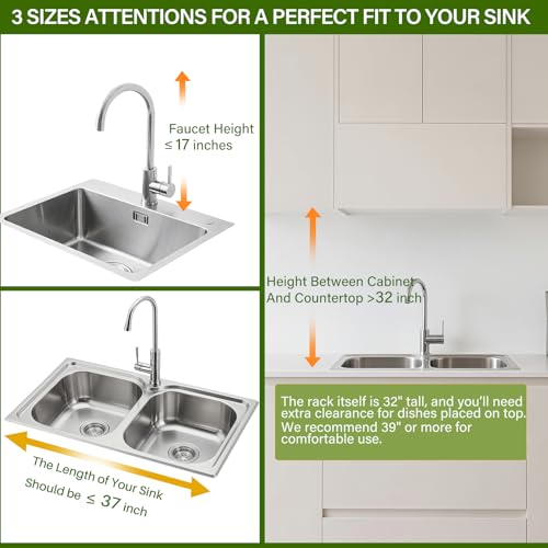 Over The Sink Dish Drainer Drying Rack 3 Tier, Full Stainless Steel Dish Drying Rack Adjustable Length 20.9''-37.4'', Kitchen Sink Shelf, Organized Space-Saving Dish Rack - color: Silver, size: 3 Tier with Flat Grid